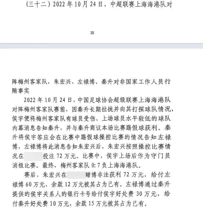 網(wǎng)傳判決書：梅州0-7海港，梅州守門員侯宇收30萬(wàn)好處費(fèi)消極比賽
