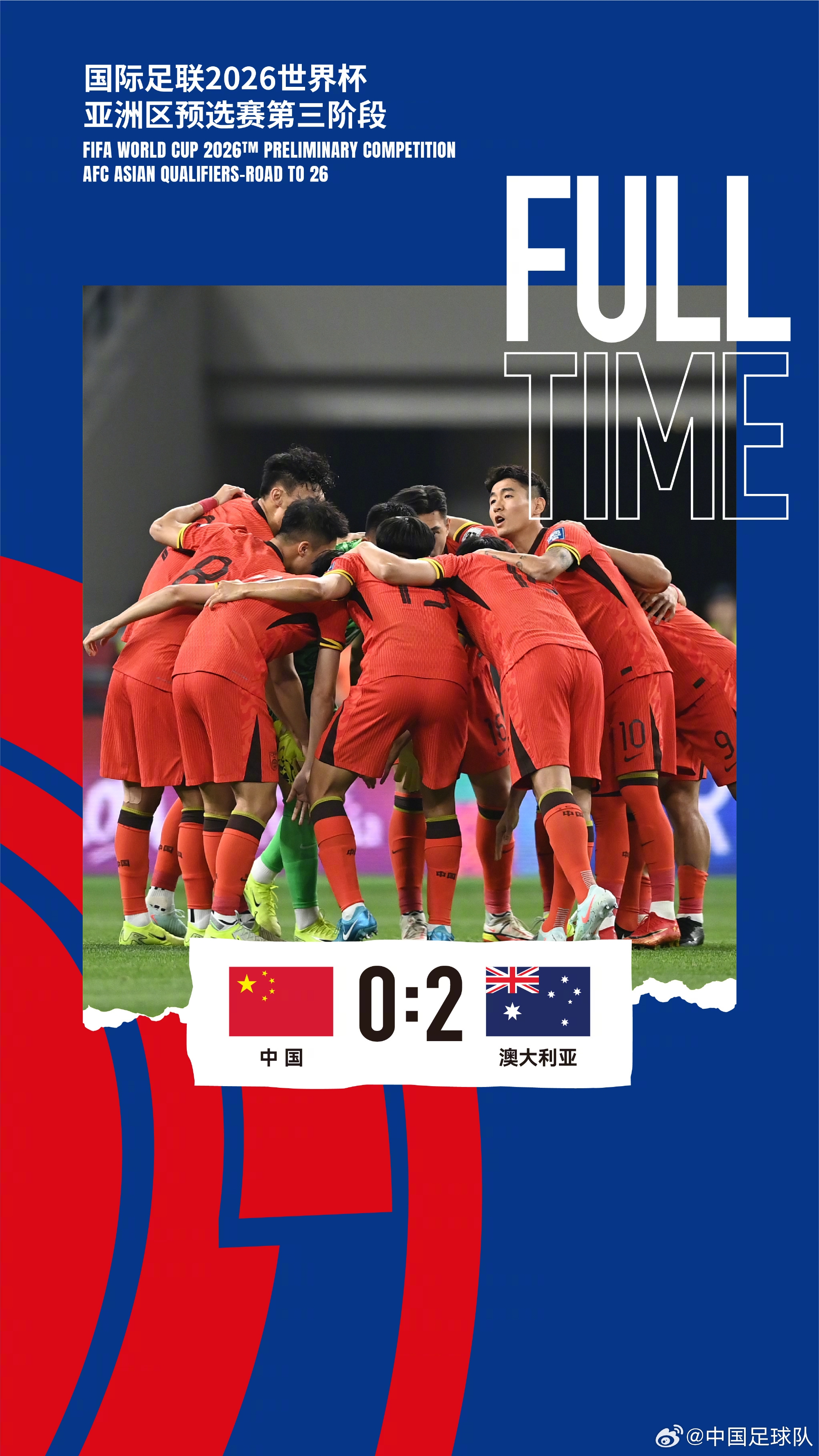 美加墨世界杯亞洲區(qū)預(yù)選賽第三階段第八輪，中國隊(duì)0-2澳大利亞隊(duì)
