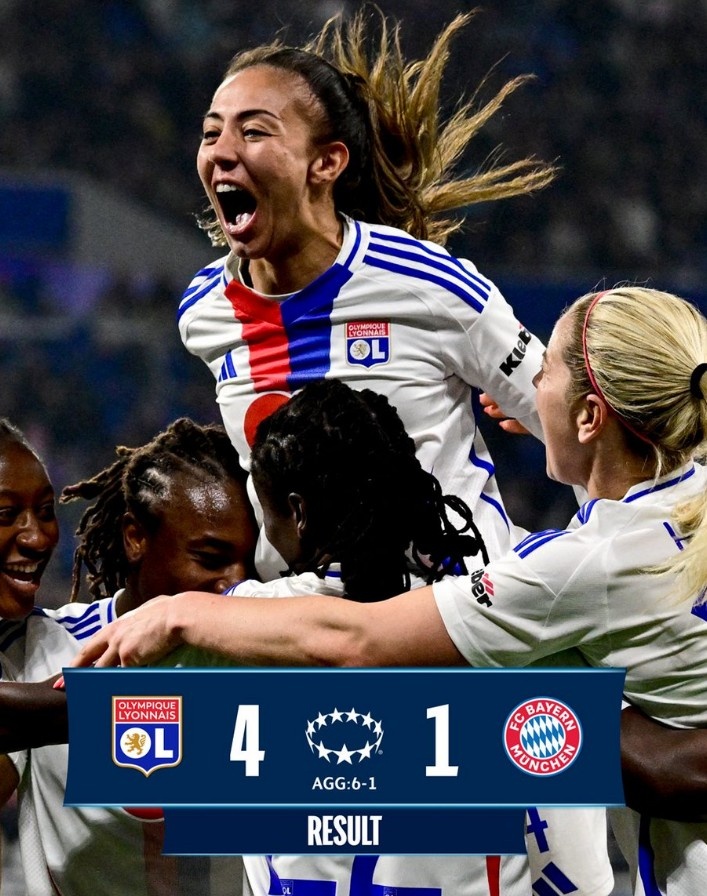 里昂女足4-1大勝拜仁女足，總比分6-1晉級女足歐冠半決賽