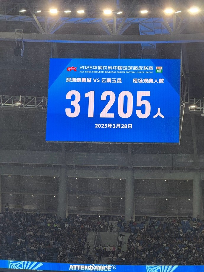 新鵬城新賽季首個(gè)主場(chǎng)現(xiàn)場(chǎng)觀眾31205人，為隊(duì)史最高上座人數(shù)
